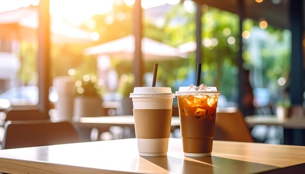 Iced coffees on a cafe table