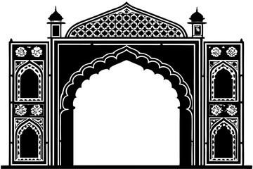 Ornate Black and White Mughal Archway; Intricate Architectural Design; Elegant, Symbolic Gateway; India, Islamic, Cultural Heritage.