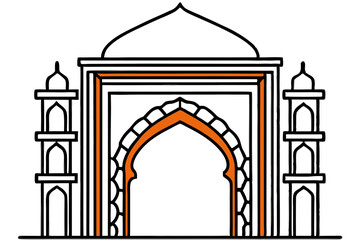 Simplified Mughal Architecture: Ornate Archway and Minarets, Line Art Illustration, Cultural Heritage Design
