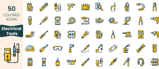 Collection of 50 colored icons representing various electrical tools, showcasing their diversity and utility in a visually engaging layout.