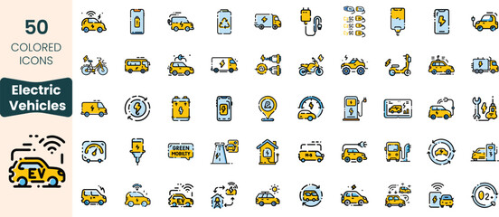 A collection of 50 colorful icons representing electric vehicles, including cars, bikes, charging stations, and eco-friendly mobility symbols.