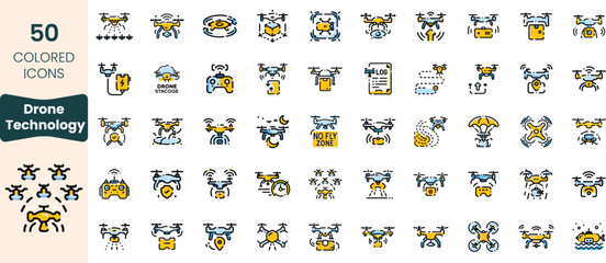 Collection of 50 colored drone icons representing various aspects of drone technology, including flying, controlling, and safety features.