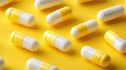 Yellow and White Capsules Arranged on Bright Yellow Background with Soft Shadows for Pharmaceutical Product Presentation