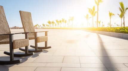 Southern-style home with wrap-around porch, white columns, and rocking chairs, bathed in golden light amid lush greenery. Classic elegance meets 
