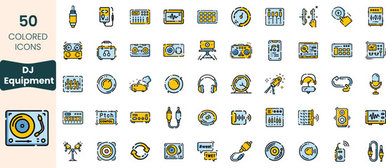 Collection of 50 colorful icons representing DJ equipment, including mixers, microphones, headphones, and speakers, perfect for music enthusiasts.
