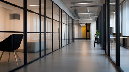 Modern office hallway with glass partitions
