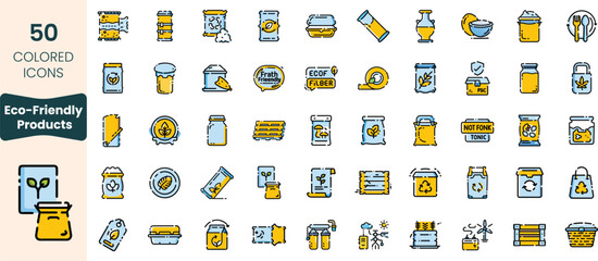 A collection of 50 colorful icons representing eco-friendly products, featuring items like jars, containers, and recycling symbols, emphasizing sustainability and green living.