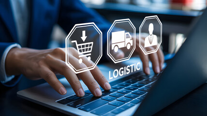 Logistics management shown with a person using a laptop for online shopping, delivery tracking, and supply chain solutions in a modern environment.