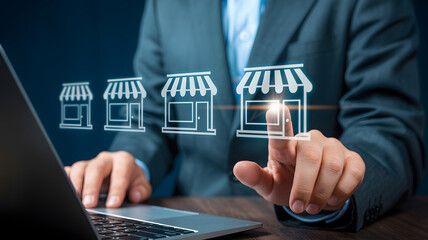 Businessman touching virtual shop icons on a laptop display, representing franchise business expansion and investment opportunities in retail.