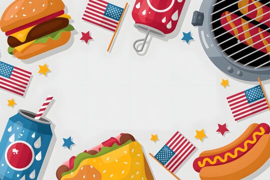 Patriotic 4th of july bbq food frame with burgers hotdogs and flags - Powered by Adobe