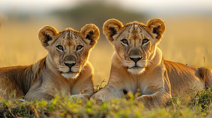 Young Lion Couple Relaxing in Kenya Savannah with Focus on Faces and Calm Expressions in Warm Sunlight