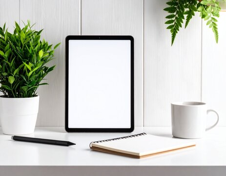 Overhead shot of a minimalist white workspace with a blank tablet, stylus, notepad, coffee mug, and plant. Perfect for productivity, design, education, or work-from-home themes. Clean and modern