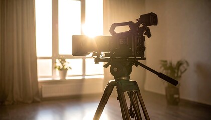 Professional video camera on tripod near window