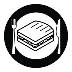 Simple black and white line art icon of a grilled sandwich on a plate with fork and knife