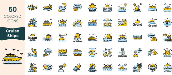 Collection of 50 colorful icons representing cruise ships, nautical themes, and coastal adventures, showcasing various marine activities and destinations.