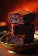Deliciously Rich Chocolate Brownies Stacked on a Decorative Plate with a Warm, Inviting Background and Soft Lighting for a Tempting Dessert Presentation