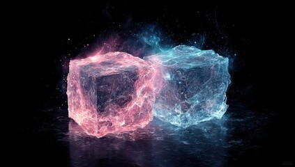 Obraz premium Two luminous cubic forms, one pink, one blue, seemingly composed of energy or ice, glow against a black background, their reflections mirrored below