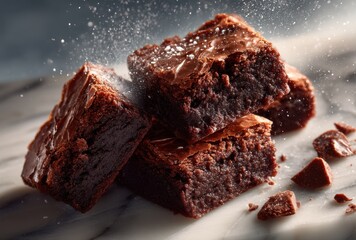 Deliciously Rich Chocolate Brownies Stacked on Marble Surface with Sprinkling Sugar Perfect for Dessert, Baking, and Sweet Treat Photography