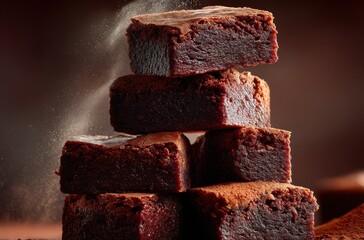 Deliciously Rich Chocolate Brownies Stacked on Each Other with Cocoa Powder Sprinkled for a Tempting Dessert Display and Warm, Inviting Lighting