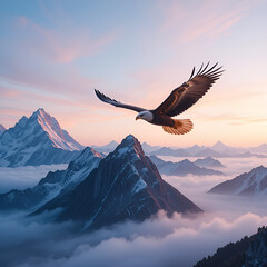 Fototapeta premium Golden Eagle Gliding over Misty Mountains at Dawn — Ultra Realistic Cinematic Shot