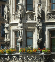 Munich, Marienplatz : detail of the rich gothic architecture of the New Town Hall