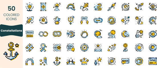 Collection of 50 colorful constellation-themed icons, showcasing stars, celestial bodies, and various astrological elements, perfect for creative projects.