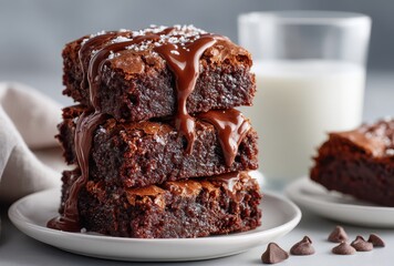 Deliciously Rich Chocolate Brownies Topped with Melted Chocolate, Served with a Glass of Milk and Surrounded by Chocolate Chips for a Sweet Treat