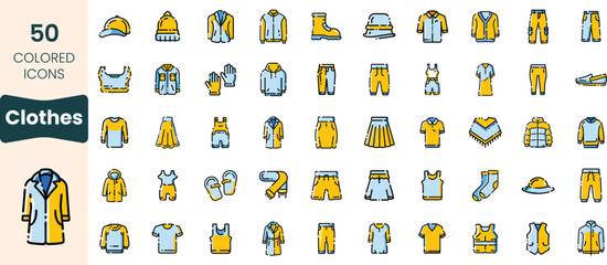 A diverse collection of colorful clothing icons, featuring various garments and accessories for men and women, all in a modern, minimalist design.
