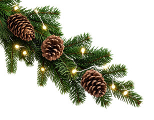 Angled Evergreen Branch with Pinecones and Lights, Transparent PNG