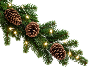 Angled Evergreen Branch with Pinecones and Lights, Transparent PNG