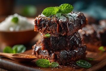 Deliciously Rich Chocolate Brownies Topped with Mint Leaves and Dusting of Powdered Sugar on Rustic Wooden Surface