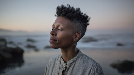 Serene Young Woman with Short Curly Hair Relaxing by Beach at Sunset
