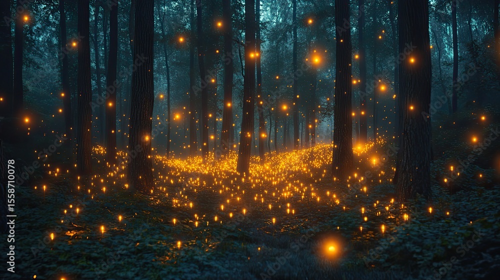 Poster magical forest scene with glowing lights floating among tall trees creating enchanted atmosphere at 