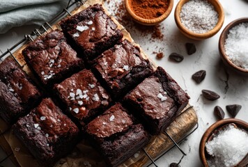 Deliciously Rich Chocolate Brownies Topped with Sea Salt on Wooden Cutting Board with Cocoa and Sea Salt Bowls in the Background