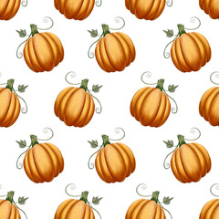 Seamless pattern with orange pumpkins arranged in a repeating design, painted in soft watercolor style. Ideal for autumn, Thanksgiving, and harvest-themed projects.