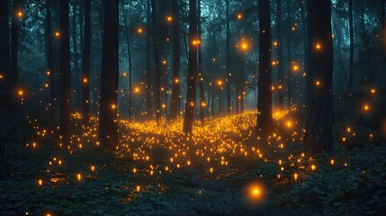 Magical Forest Scene with Glowing Lights Floating Among Tall Trees Creating Enchanted Atmosphere at Dusk