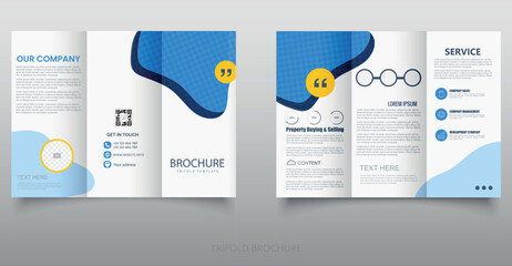 Blue Trifold Brochure Template with Abstract Shapes. Suitable for private businesses and corporate companies.