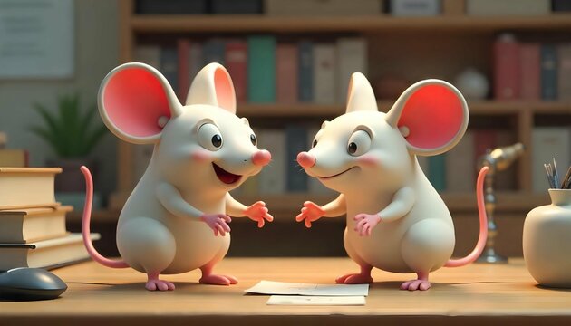 Friendly 3D Cartoon Mice in Library