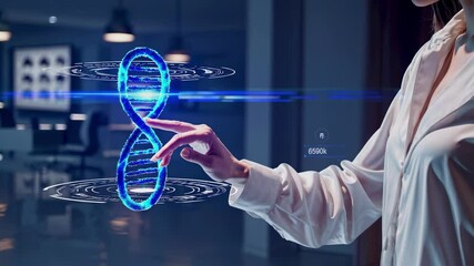 Scientist explores blue digital dna helix in futuristic laboratory, technology focus, advancement, innovation, scientific learning, inspiration, precision - Powered by Adobe