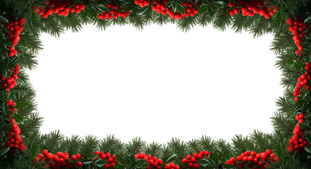 A festive Christmas frame, adorned with lush evergreen boughs and vibrant red berries, creates a perfect border. Embracing the spirit of the season, offering space for holiday greetings.