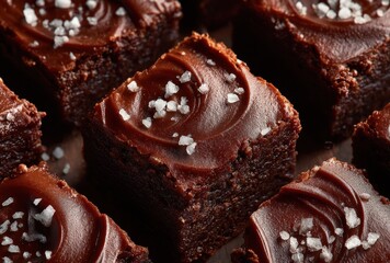 Deliciously Rich Chocolate Brownies with Frosting and Sea Salt on a Dark Background, Perfect for Desserts and Treat Recipes
