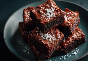 Deliciously Rich Chocolate Brownies with Flaky Sea Salt Garnish on a Dark Plate for Dessert Lovers and Baking Enthusiasts