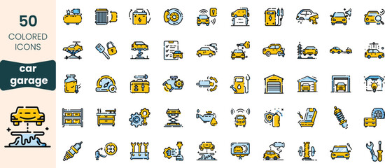 Collection of 50 colored icons representing various aspects of a car garage, showcasing tools, vehicles, and maintenance elements.
