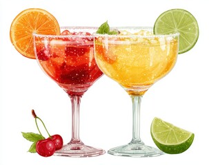Two vibrant cocktails, red and yellow, in stemmed glasses, garnished with citrus fruit slices and cherries, presented against a white background