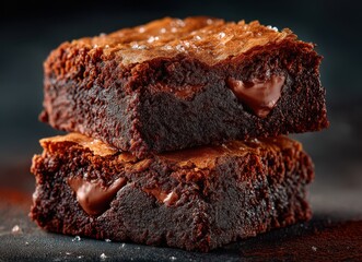 Deliciously Rich Chocolate Brownies with Melted Cocoa Center Stacked on Dark Background, Perfect for Sweet Treats and Dessert Inspiration