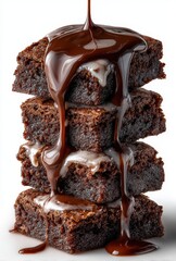 Deliciously Rich Chocolate Brownies with Melted Ganache Dripping Over Layers on a White Background