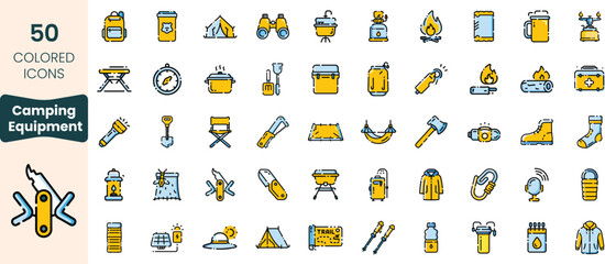 Collection of 50 colored camping equipment icons, showcasing essential tools and gear for outdoor adventures, perfect for enthusiasts and graphic designers.