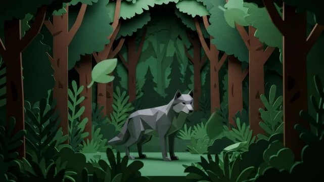 Paper cut wolf looking left in green fantasy forest with falling leaves animation