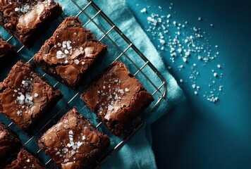 Deliciously Rich Chocolate Brownies with Sea Salt on a Cooling Rack Against a Dark Background, Perfect for Dessert Lovers and Baking Enthusiasts