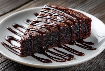 Deliciously Rich Chocolate Cake Slice Topped with Drizzled Chocolate Sauce on a Rustic Wooden Table Setting Perfect for Dessert Lovers